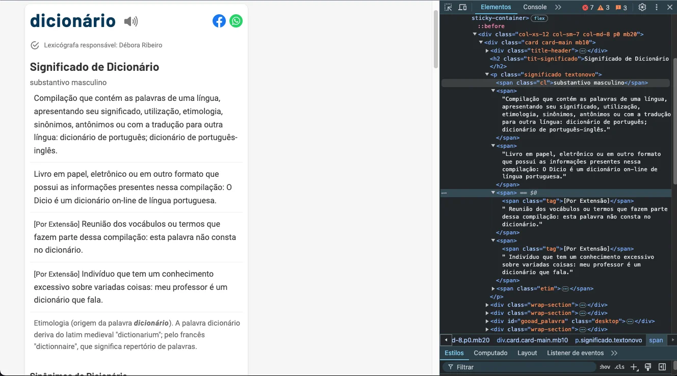 HTML of the meanings page